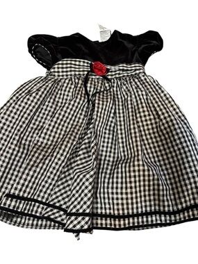 🟠Youngland Black and White Gingham Velvet Dress with Red Rose Accent
